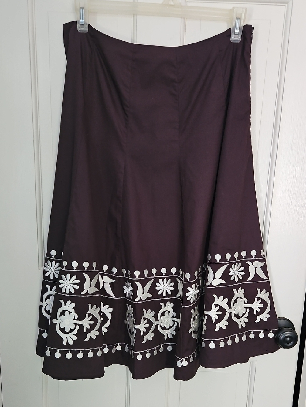 Sunny Leigh Chocolate Brown 100% Cptton A-Line Skirt with White Floral Border